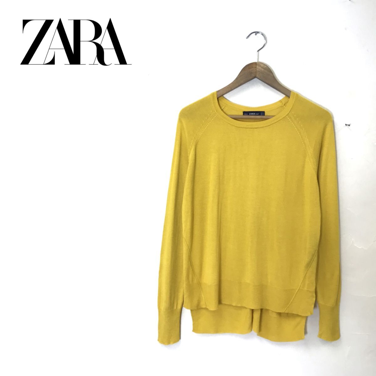 A625-U-N◆ZARA KNIT ザラ サマーニット 長袖 クルーネック 薄手 無地 シンプル ビビットカラー カジュアル◆size M イエロー レーヨン_画像1