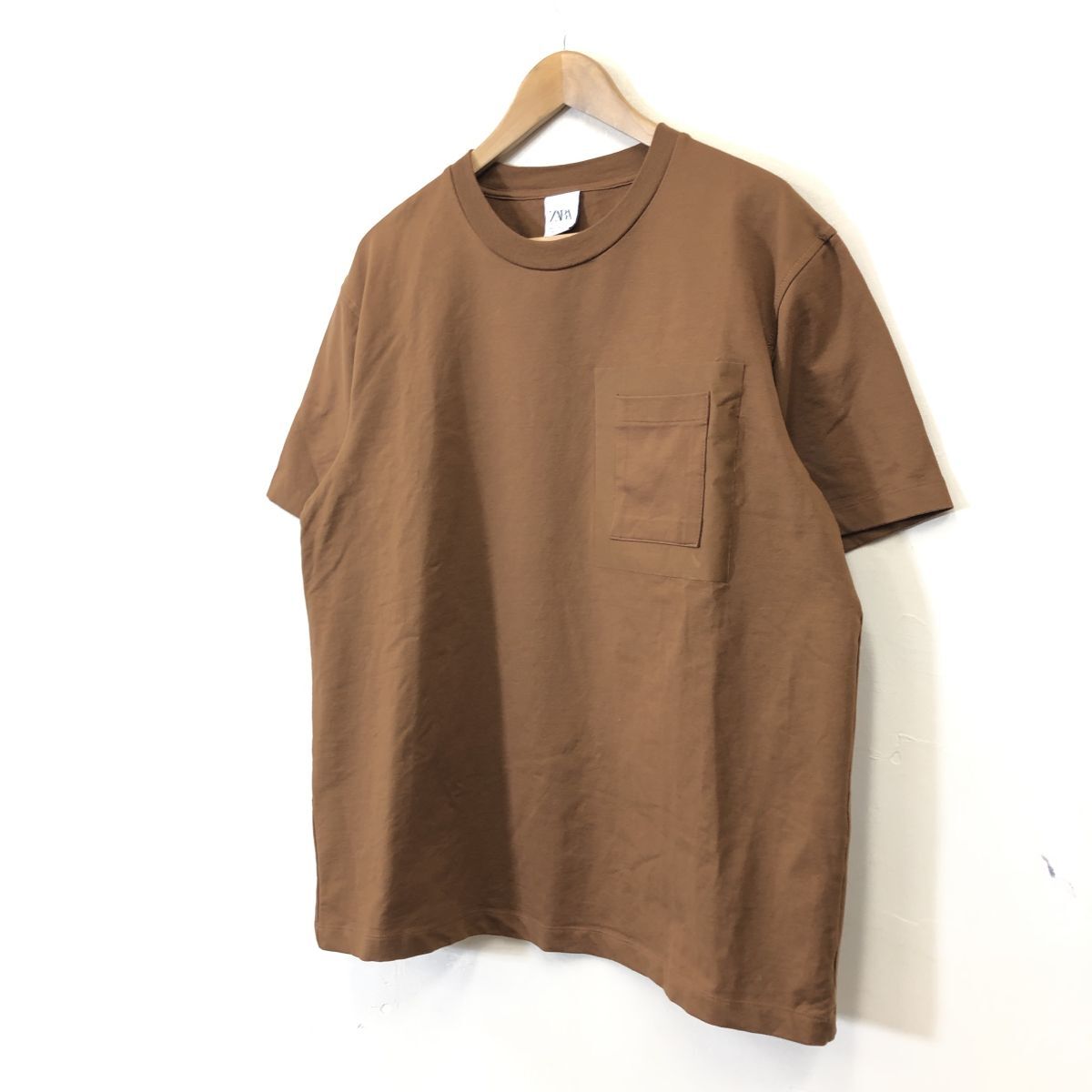 A604-F-N◆ 美品 ◆ ZARA ザラ 半袖Tシャツ カットソー トップス ◆ sizeXL コットン ポリウレタン ブラウン 古着 メンズ レディース 春夏_画像5