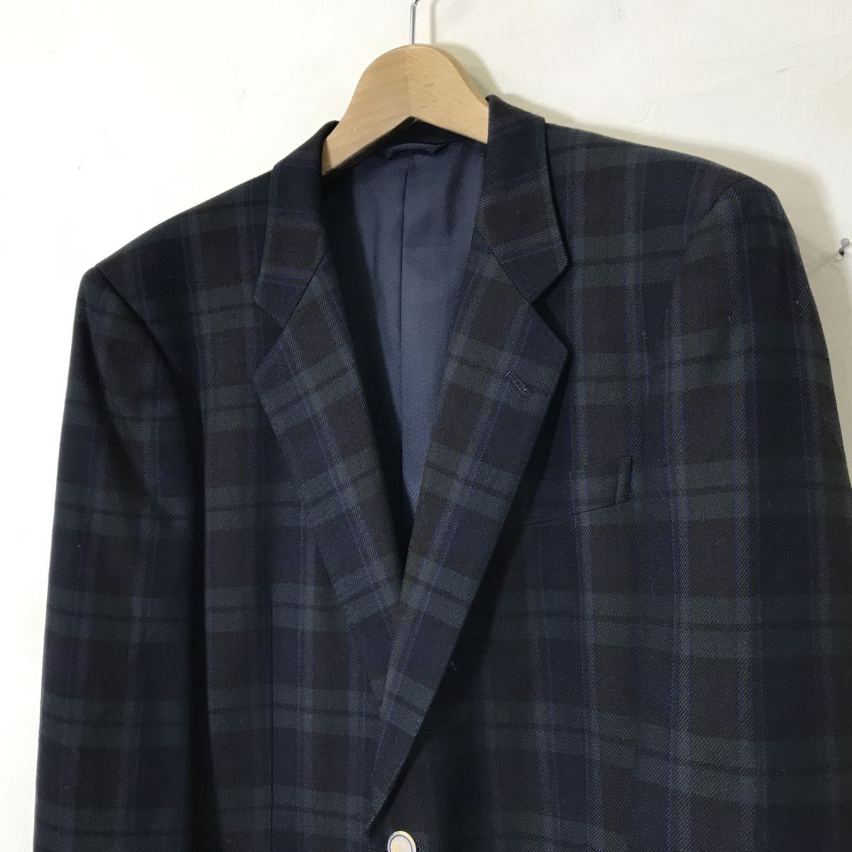 A427-D◆old◆ pierre cardin ピエールカルダン ブレザー テーラードジャケット 総裏 シングル 2B◆size96AB5 グリーン チェック ウール_画像5