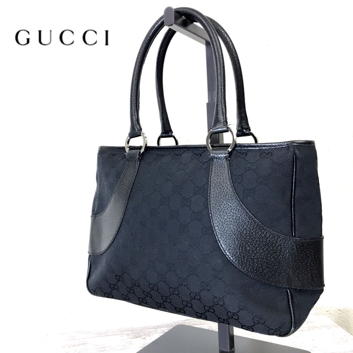 A477-D◆イタリア製◆ GUCCI グッチ トートバッグ GGキャンバス 鞄 ◆ ブラック 総柄 レザー ハンドバッグ ビジネスバッグ_画像1