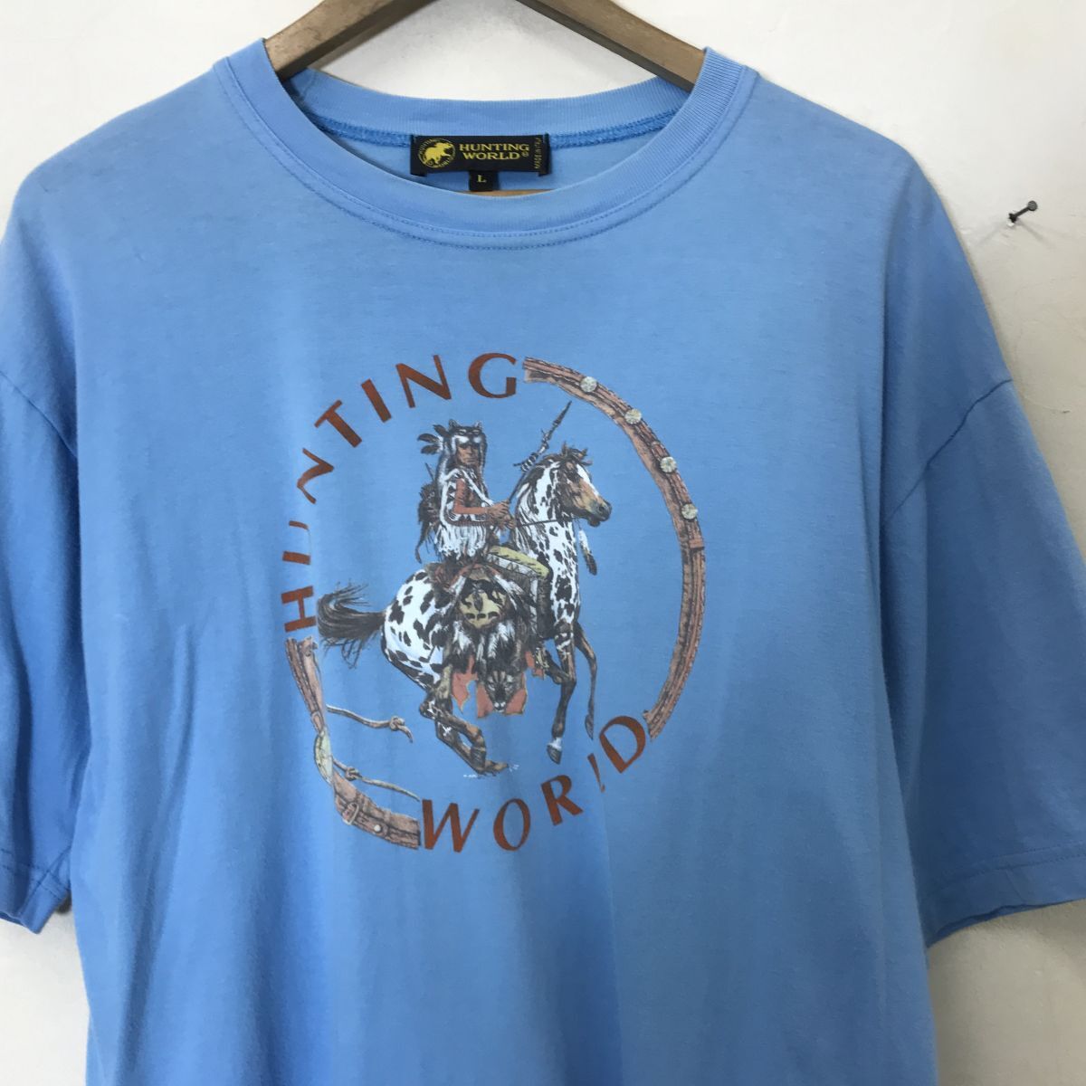 A412-D◆イタリア製◆ HUNTING WORLD ハンティングワールド 半袖Tシャツ カットソー プリント◆ sizeL ブルー系 コットン_画像3