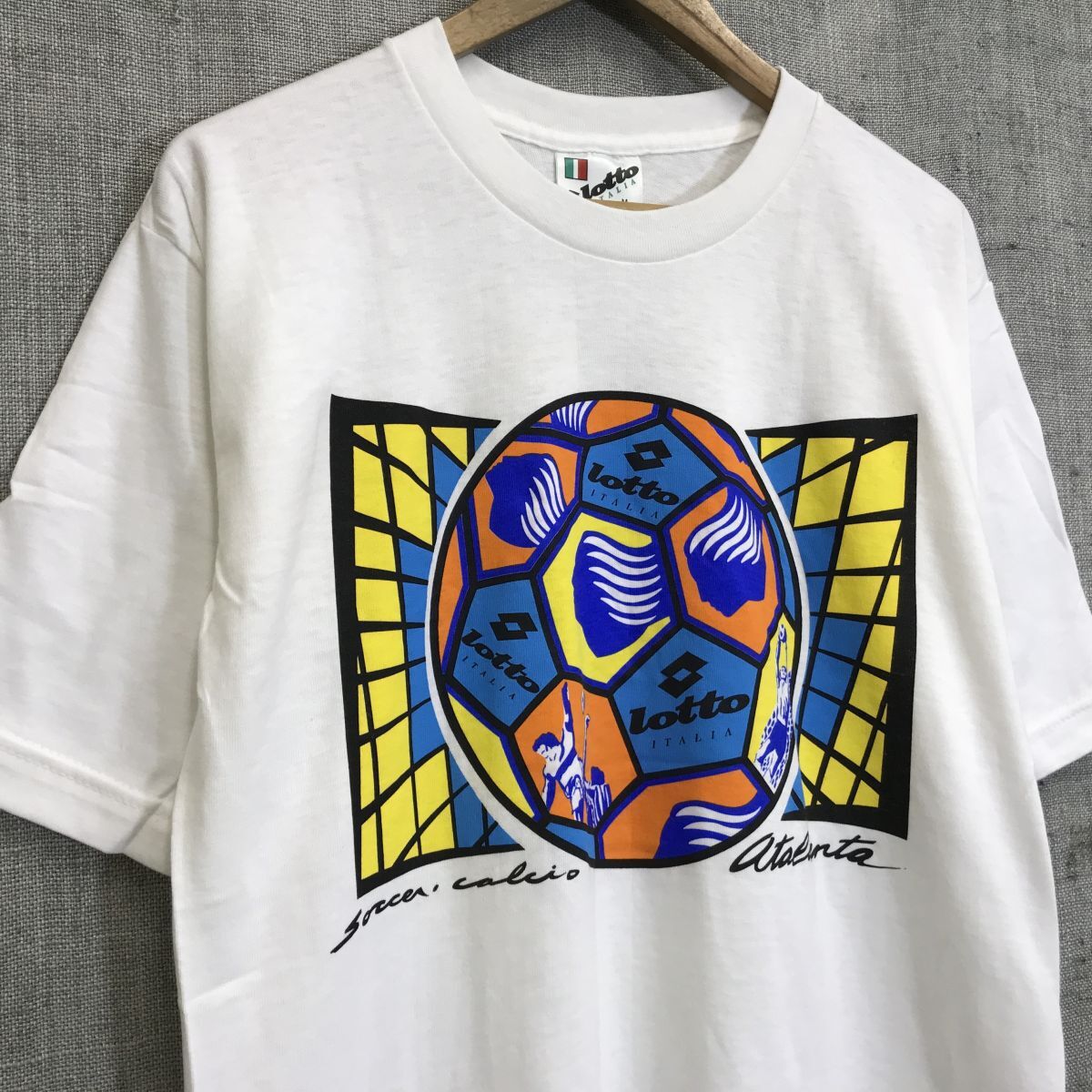 A326-D◆old◆USA製◆ lotto ロット 半袖Tシャツ カットソー プリント サッカー ◆sizeM ホワイト マルチ 総柄 コットン100の画像5