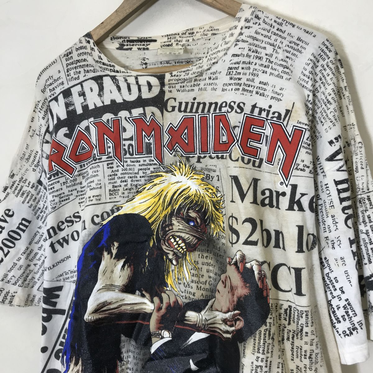 A318-N◆old◆ IRON MAIDEN アイアンメイデン 半袖Tシャツ カットソー オーバープリント バンT◆sizeXL マルチ 総柄 コットン100の画像5