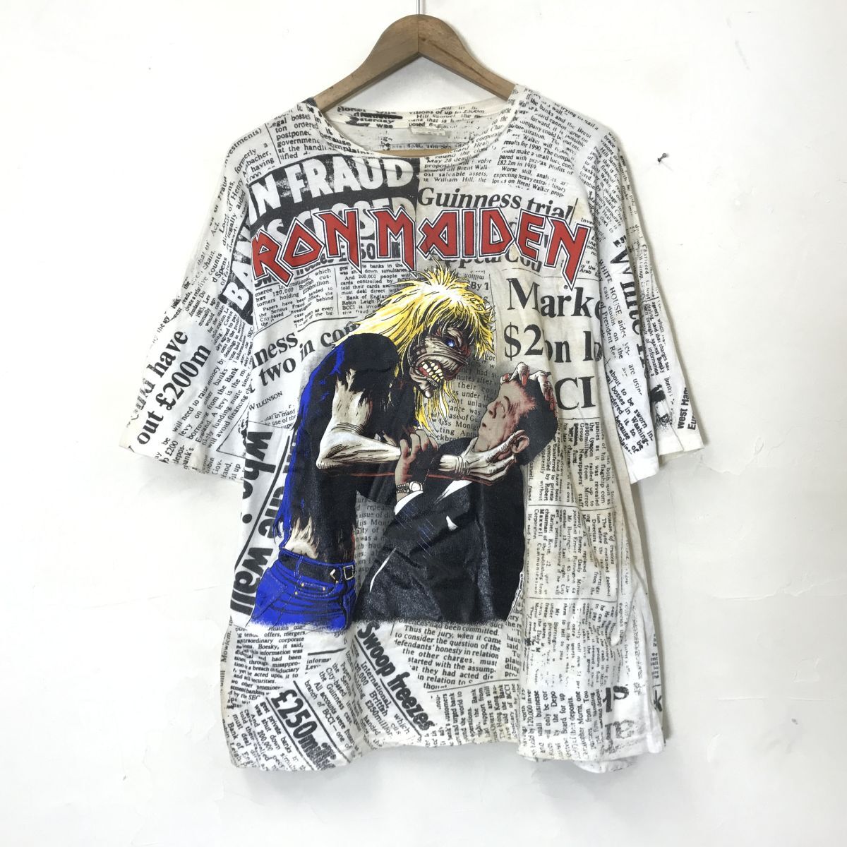 A318-N◆old◆ IRON MAIDEN アイアンメイデン 半袖Tシャツ カットソー オーバープリント バンT◆sizeXL マルチ 総柄 コットン100の画像2