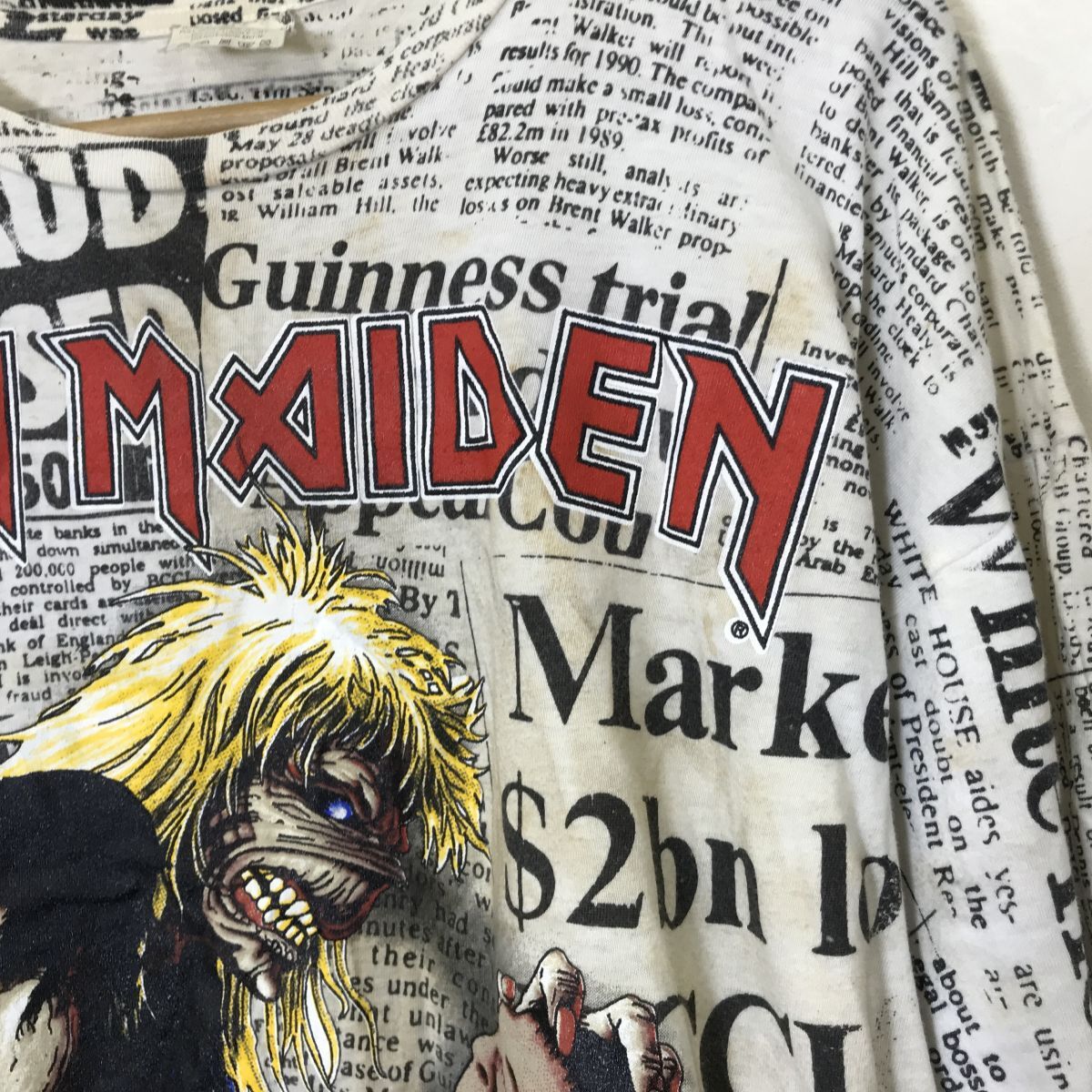 A318-N◆old◆ IRON MAIDEN アイアンメイデン 半袖Tシャツ カットソー オーバープリント バンT◆sizeXL マルチ 総柄 コットン100の画像6