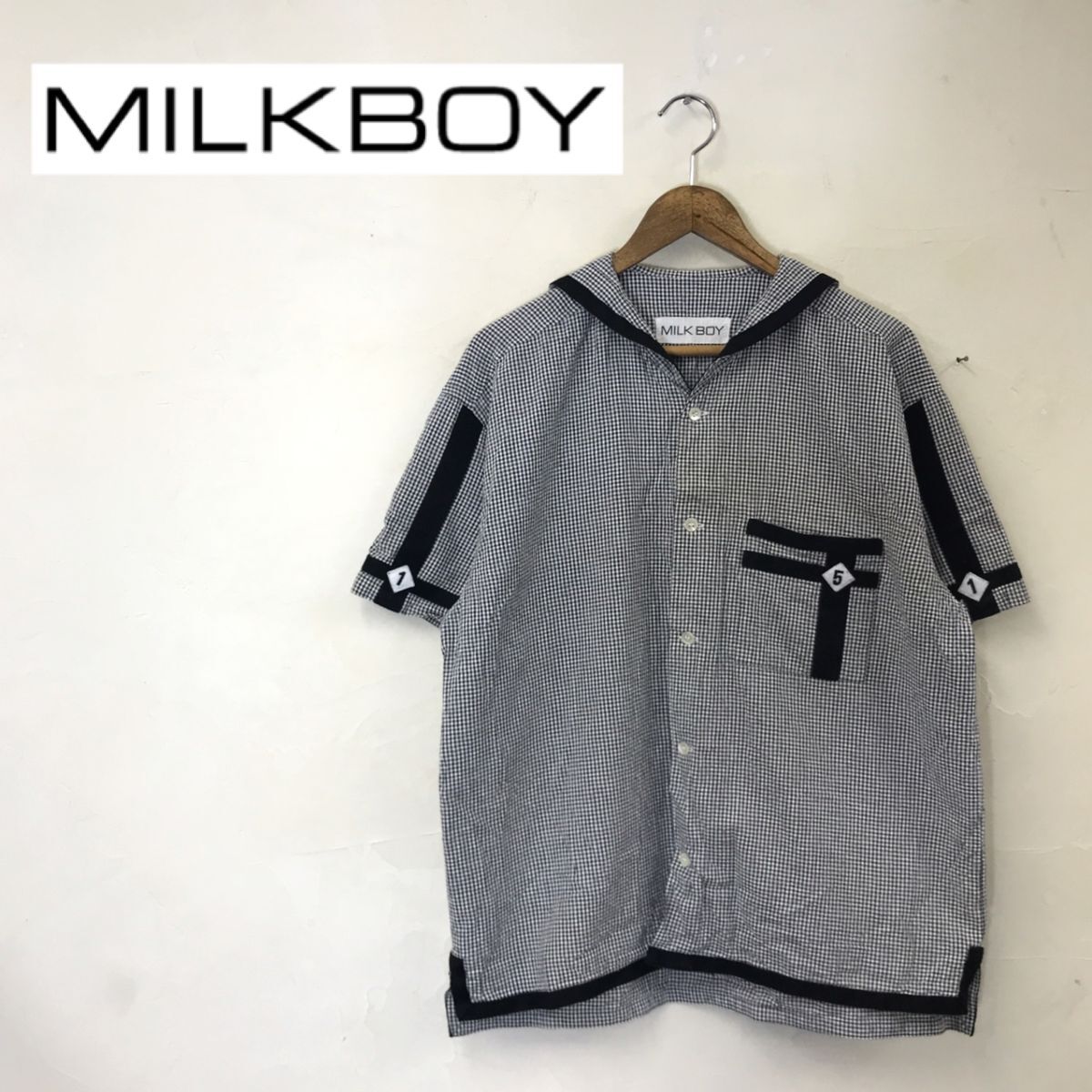 A241-G-N◆milk boy ミルクボーイ シャツ◆チェック ブラック ホワイト セーラー服 トップス 半袖 ワッペン マリンルック ポケット ボタン_画像1