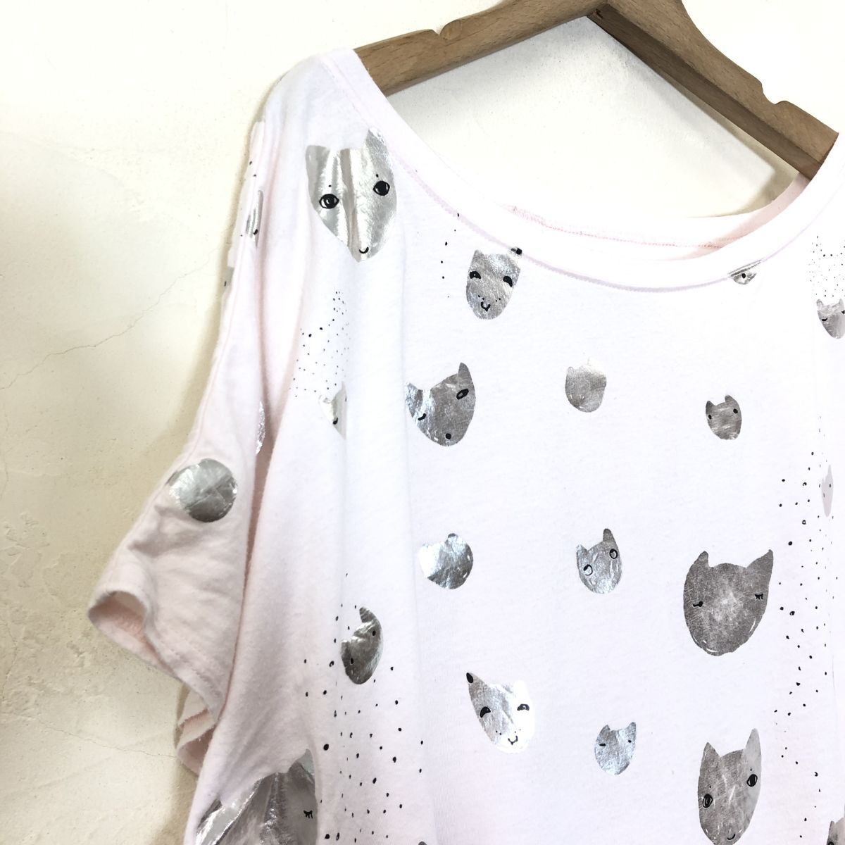 A174-J-S*cat\'s TSUMORI CHISATO Cat's tsu Tsumori Chisato total pattern short sleeves tops * size 2 pink cat .. motif flair sleeve piece ..