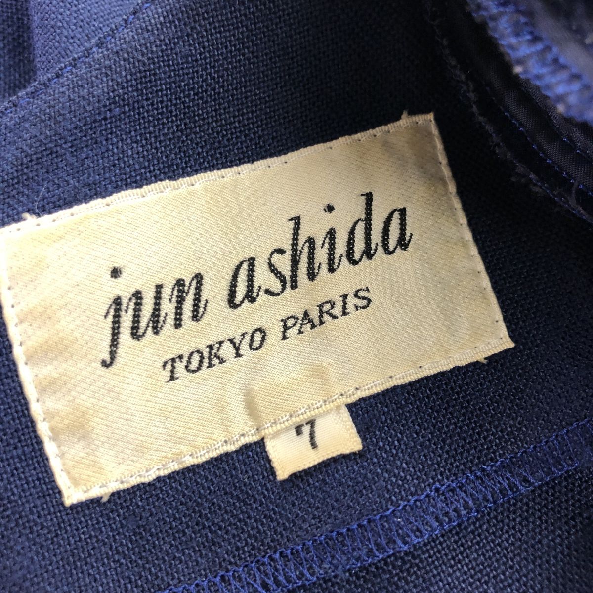 A34-F◆ JUN ASHIDA ジュンアシダ 半袖ワンピース バックファスナー ◆ size7 レーヨン100 ネイビー 古着 レディース 春夏_画像7