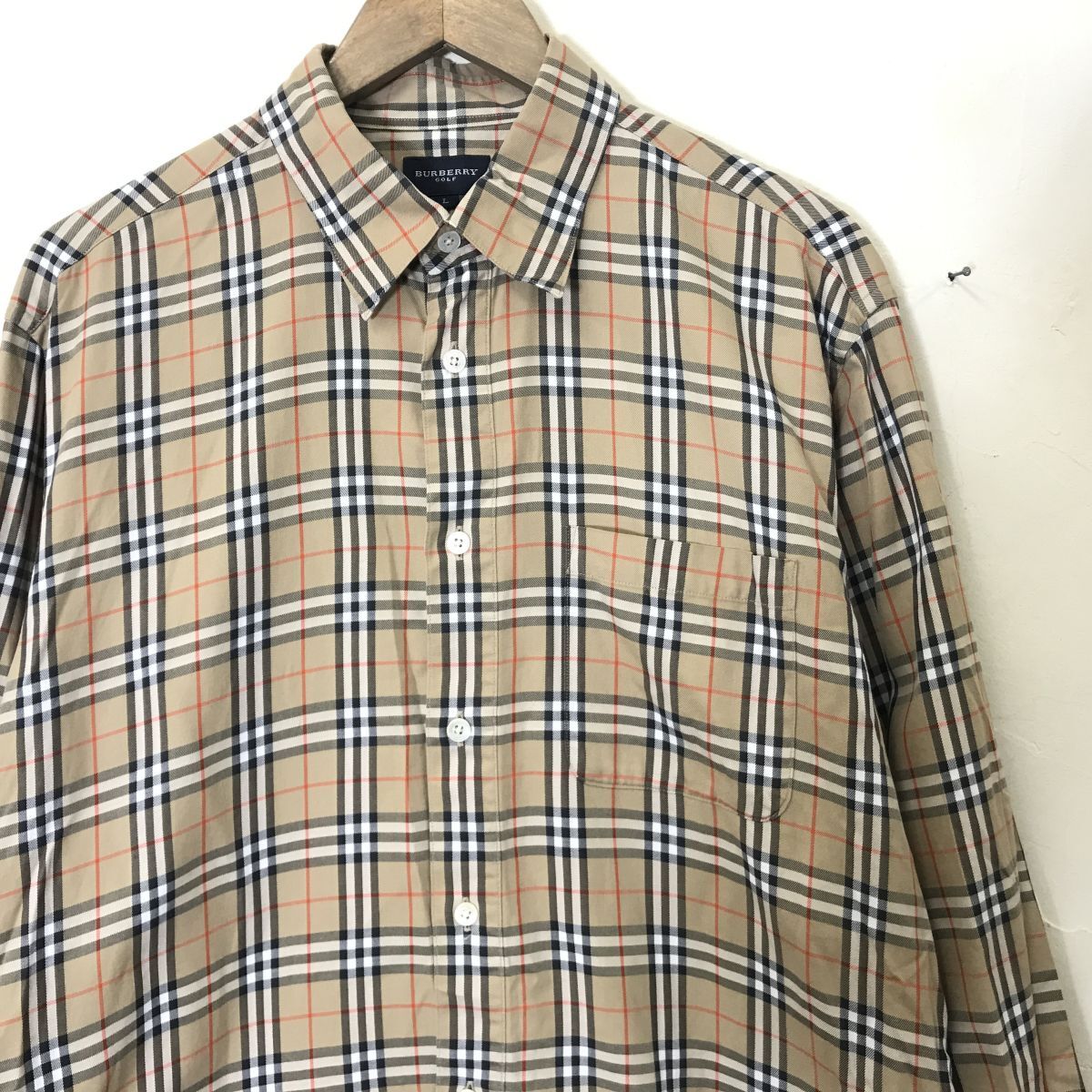 A895-N◆ BURBERRY GOLF バーバリー ゴルフ 長袖シャツ トップス バーバリーチェック◆sizeL ベージュ系 ノヴァチェック コットンの画像3