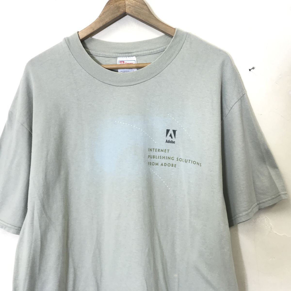 A891-N◆old◆ USA製 HANES ヘインズ 半袖Tシャツ カットソー プリント adobe アドビ 企業物 古着◆ sizeL グリーン系 コットン100の画像3