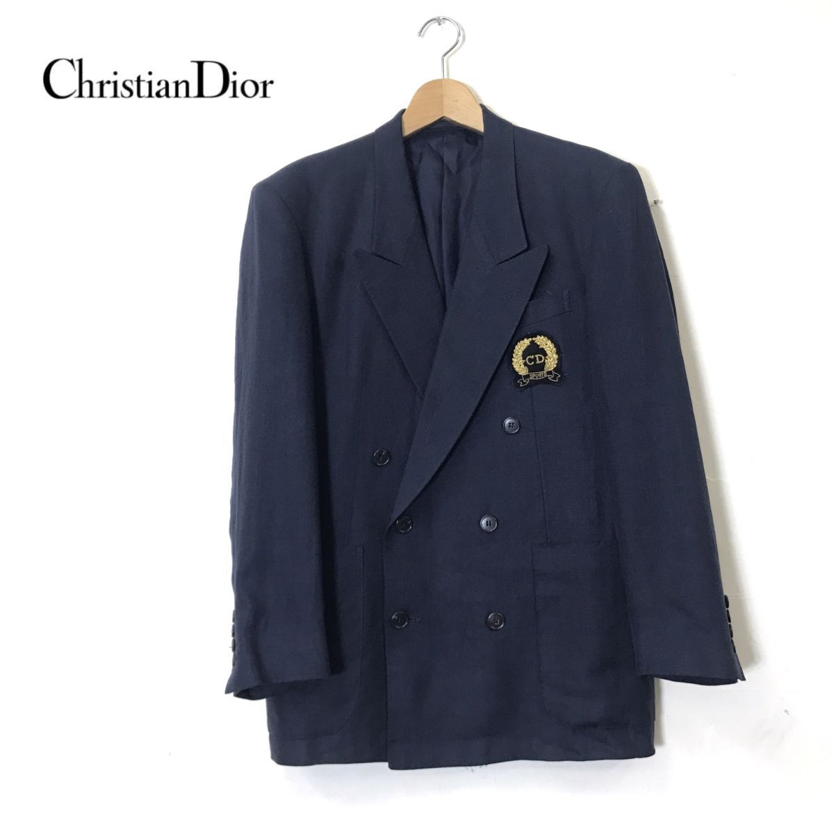 A884-N◆old◆ Christian Dior クリスチャンディオール ブレザー テーラードジャケット ダブル 背抜き ◆sizeS ネイビー 紺 リネン100の画像1