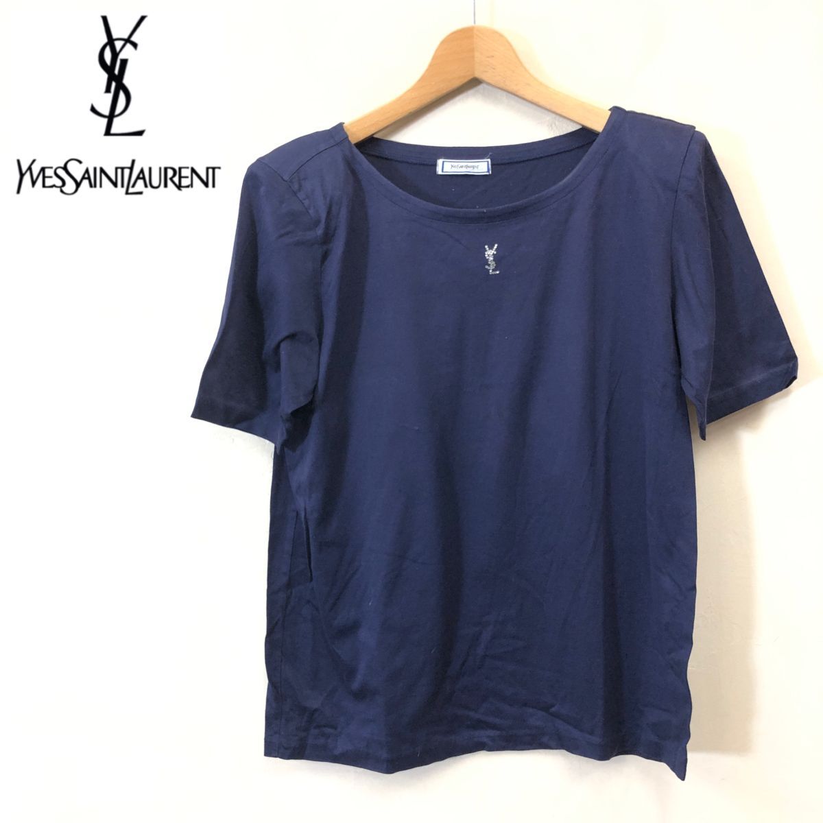 A1268-F-N◆old◆YVES SAINT LAURENT イヴサンローラン 半袖Tシャツ カットソー ロゴ 肩パッド◆M コットン ネイビー レディース 古着 春夏_画像1