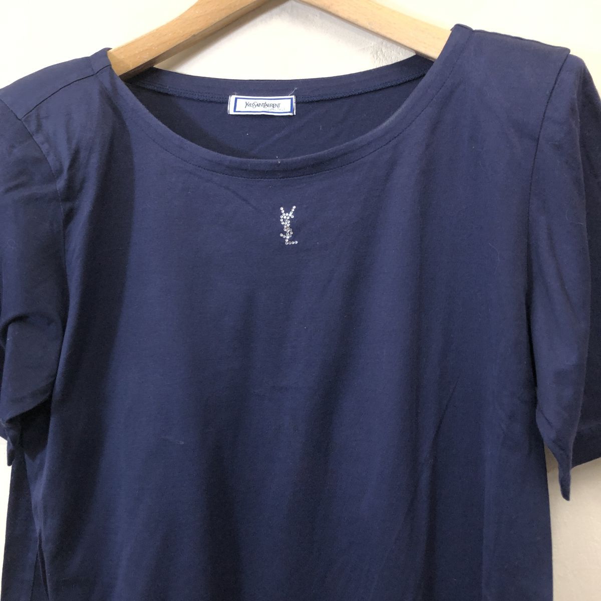 A1268-F-N◆old◆YVES SAINT LAURENT イヴサンローラン 半袖Tシャツ カットソー ロゴ 肩パッド◆M コットン ネイビー レディース 古着 春夏_画像3