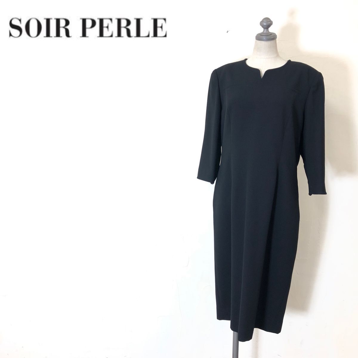 A-U-N◆SOIR PERLE ソワールペルル フォーマルウェア ワンピース 七分袖 ミモレ丈 裏地付き シンプル 喪服◆size13 ブラック ポリエステル_画像1