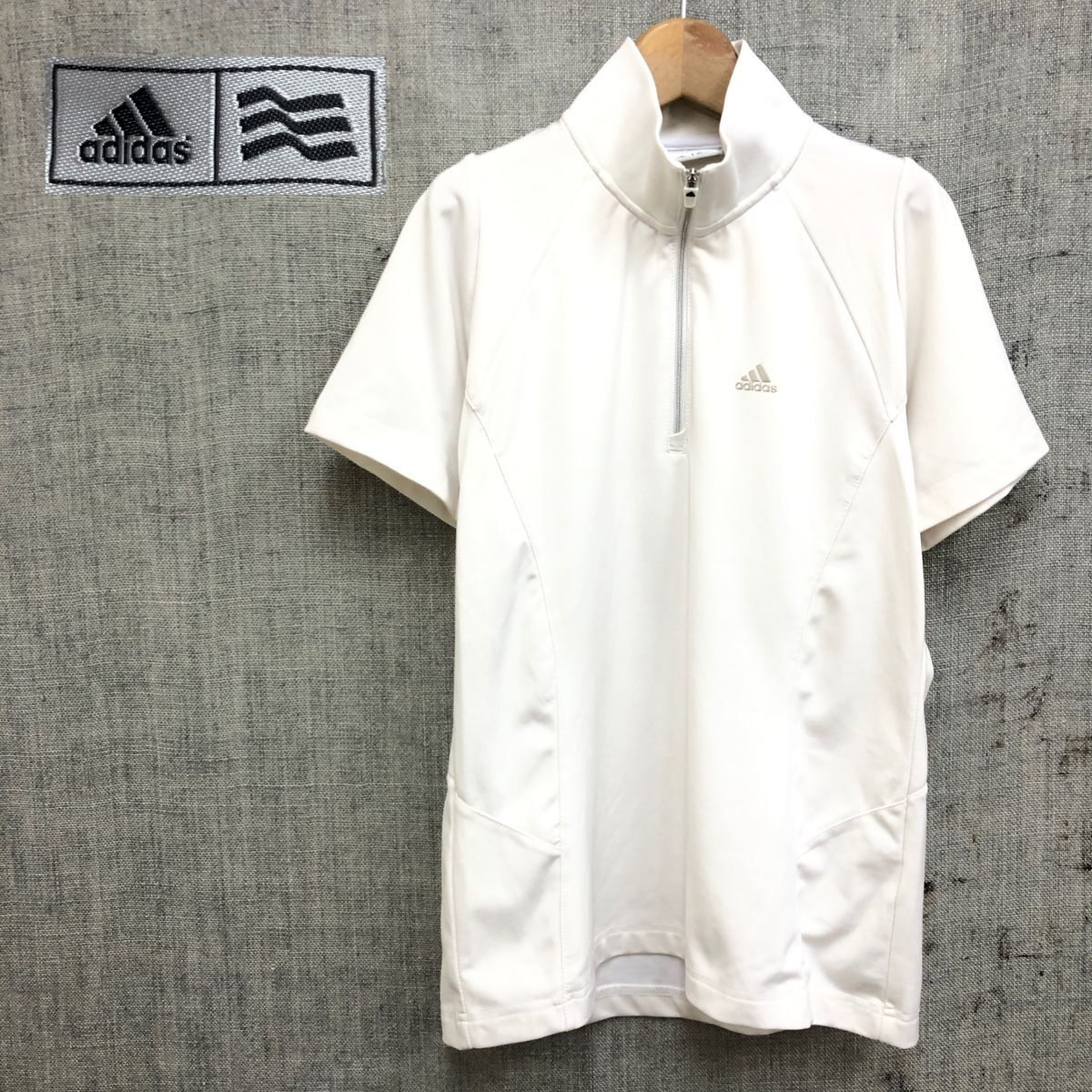 A1006-J◆adidas GOLF アディダス ゴルフ ハーフジップポロシャツ◆オフホワイト サイズM レディース ゴルフウェア スポーツウェア 半袖_画像1