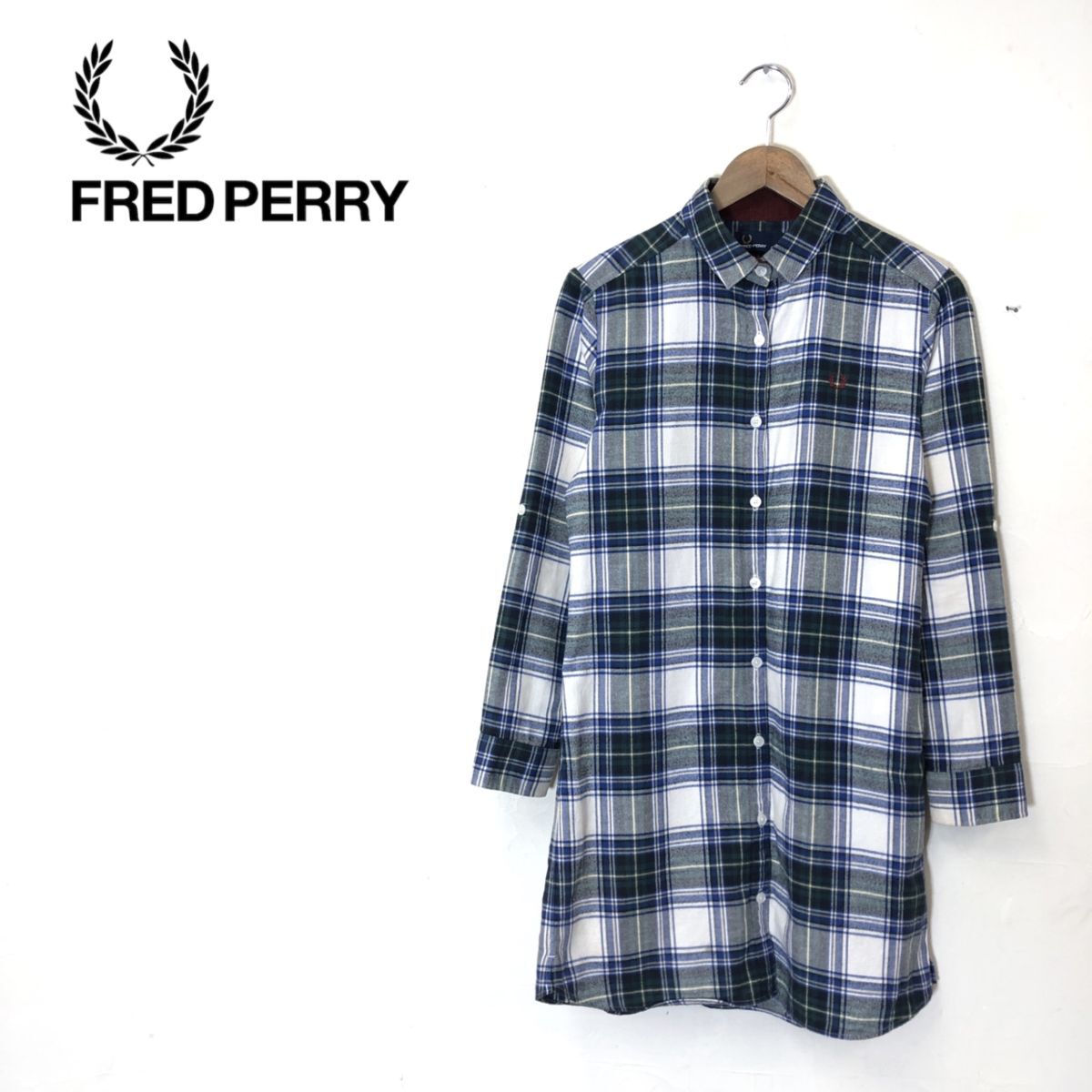 A922-U*FRED PERRY Fred Perry shirt long sleeve long shirt embroidery Logo check pattern casual trad piling put on *size S blue group cotton 100%