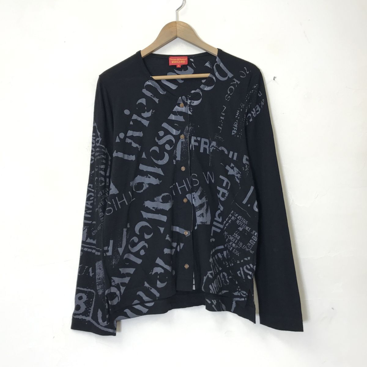 A1588-N* beautiful goods * VIVIENNE WESTWOOD RED LABEL Vivienne Westwood cardigan ound-necked thin through year *size3 black total pattern cotton 