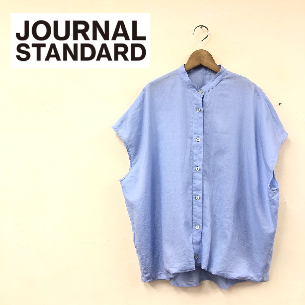 A1369-K◆良品 JOURNAL STANDARD ジャーナルスタンダード フレンチスリーブシャツ◆ブルー 薄手 コットン バッグデザイン 無地 ゆったりの画像1