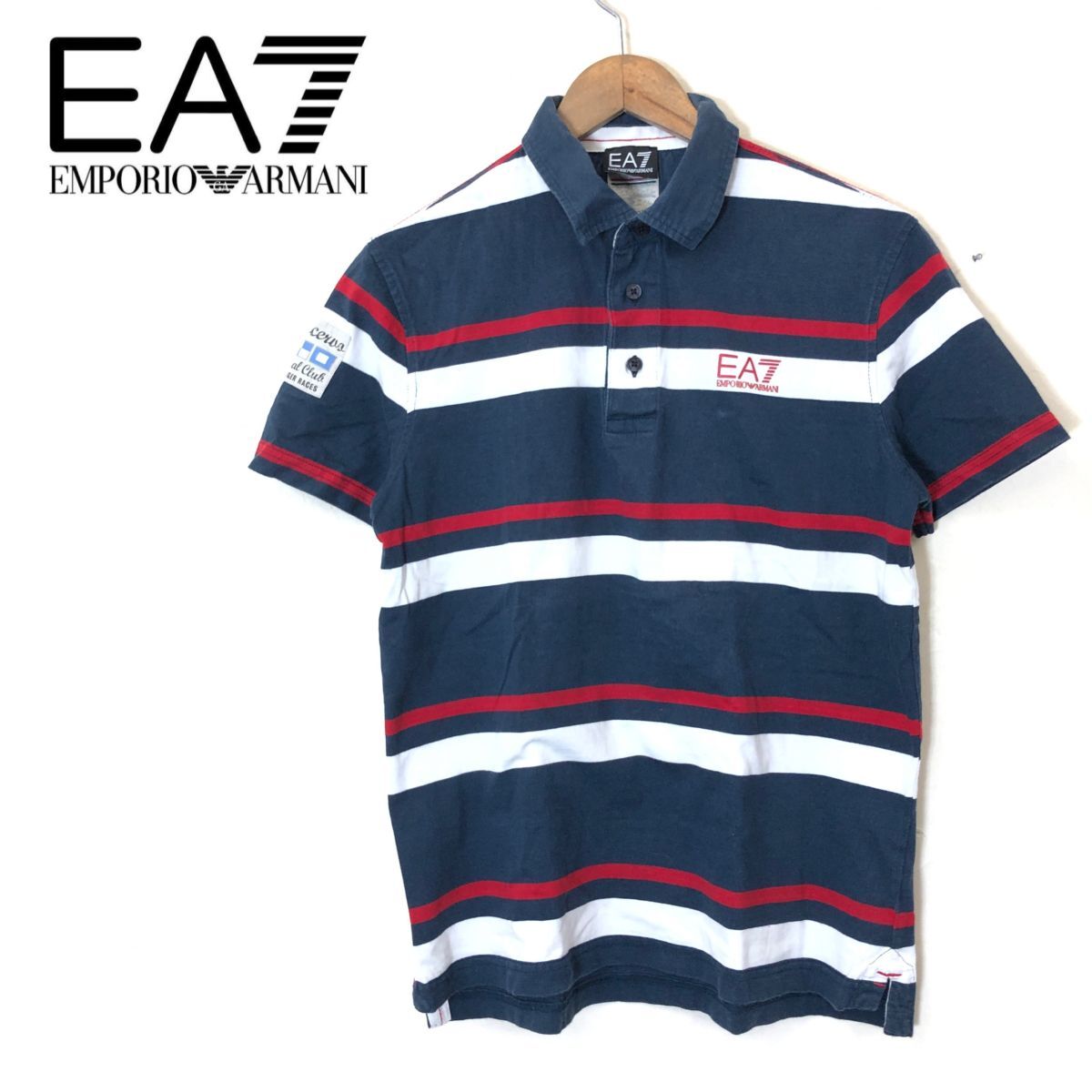 A1572-F◆ EA7 EMPORIO ARMANI エンポリオアルマーニ 半袖ポロシャツ ボーダー ◆ sizeM コットン100 ネイビー レッド 古着 メンズ 春夏_画像1