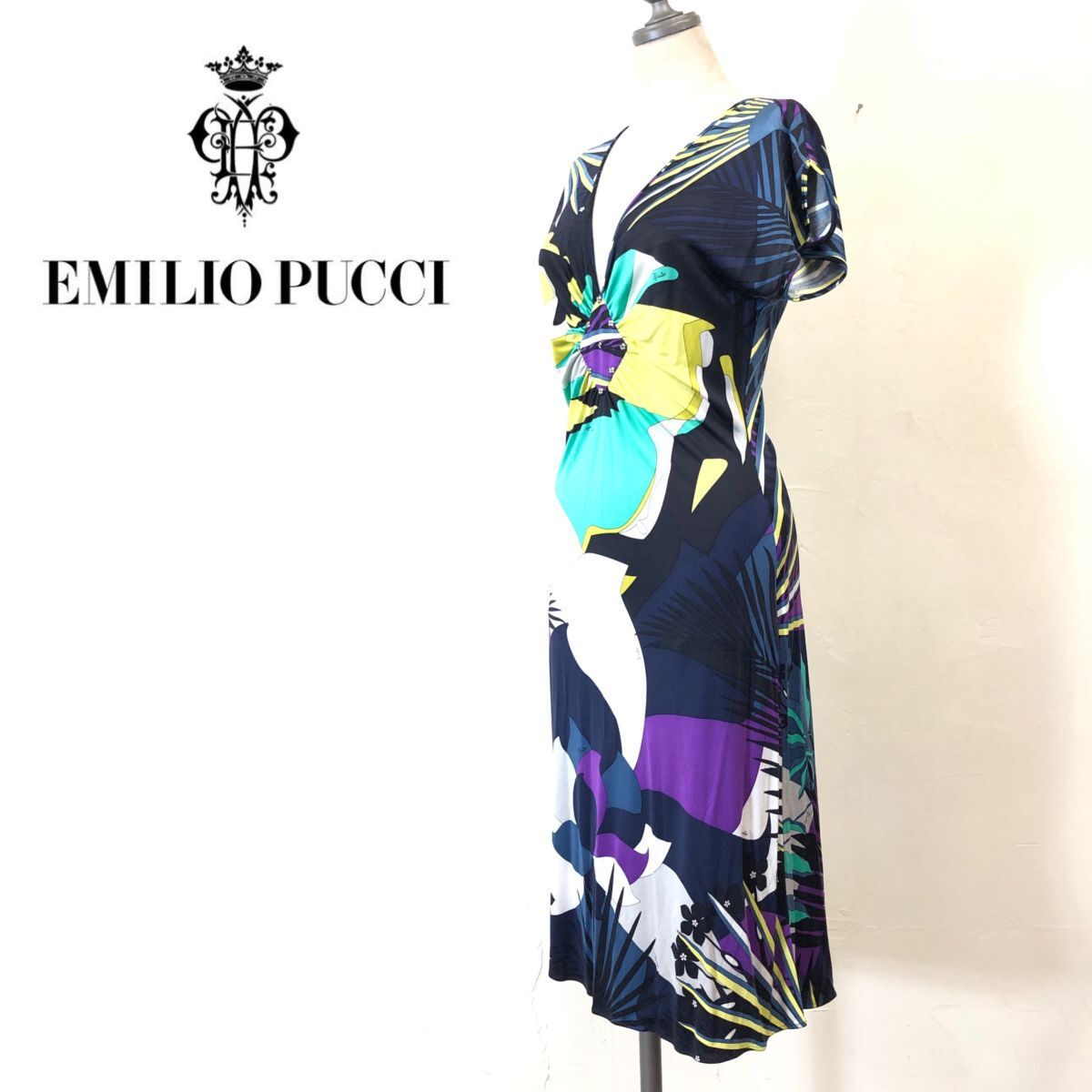 A1458-F* Italy made * emillo pucci Emilio Pucci One-piece V neck total pattern * size38 silk 100 multicolor old clothes lady's 