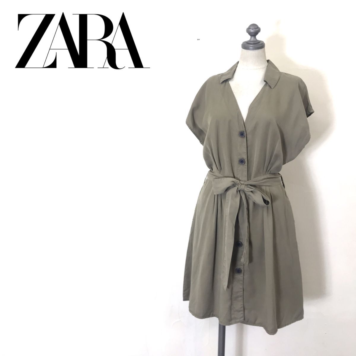 A1520-U◆ZARA ザラ ワンピース ひざ丈 フレンチスリーブ スキッパー襟 ウエストマーク カジュアル レイヤード◆size XS カーキ リヨセル_画像1