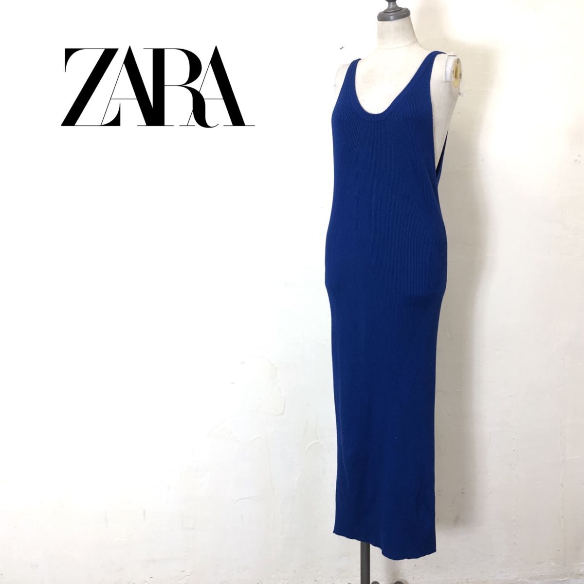 A2484-O◆美品◆ ZARA ザラ サマーニットワンピース ノースリーブ キャミソール リブ ロング リボン タイト◆sizeM ブルー_画像1