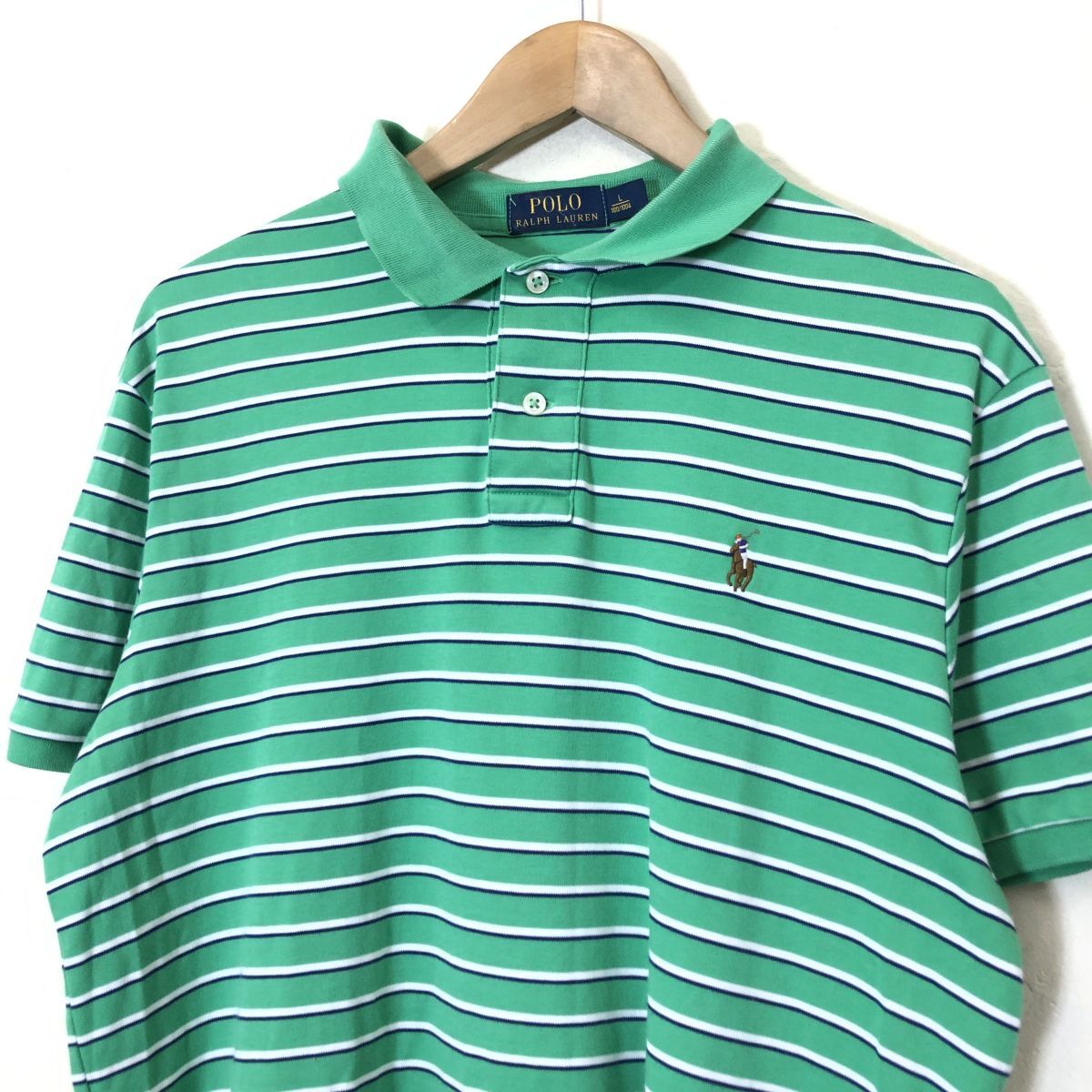 A2094-F-N◆ POLO RALPH LAUREN ポロラルフローレン 半袖ポロシャツ ボーダー ◆ sizeL コットン100 グリーン 古着 メンズ 春夏_画像3