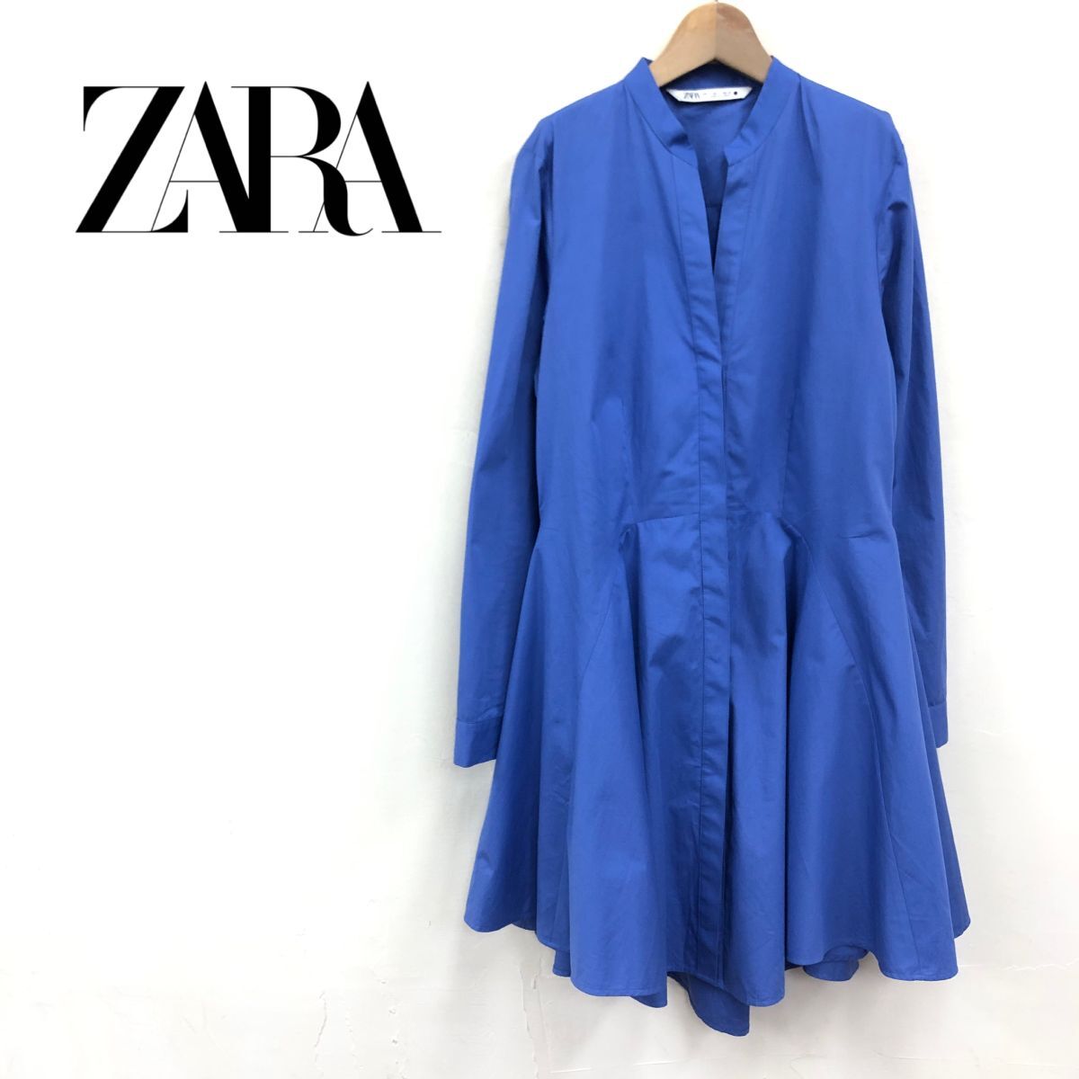 A2348-K◆良品 ZARA ザラ 長袖スキッパーフレアワンピース◆sizeS ブルー 無地 バンドカラー 綿100% 比翼 カジュアル 膝丈 レディース_画像1