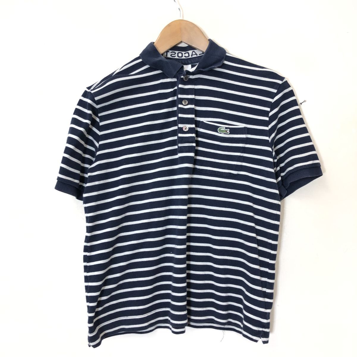 A2273-F◆ LACOSTE ラコステ 半袖ポロシャツ ボーダー 総柄 トップス ◆ size3 コットン100 ネイビー 古着 メンズ 春夏_画像2