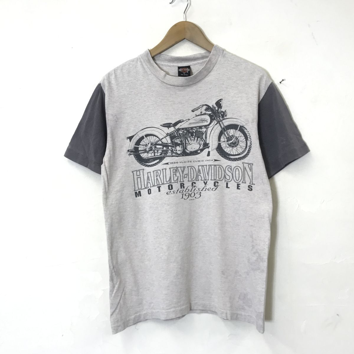 A2294-N◆old◆90s Harley Davidson ハーレーダビッドソン 半袖Tシャツ カットソー シングルステッチ◆sizeM アイボリー グレー コットン_画像2