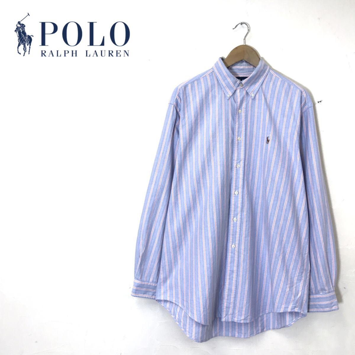 A2155-U-N◆Ralph Lauren ラルフローレン シャツ 長袖 CLASSIC FIT 刺繍ロゴ ストライプ柄 きれいめカジュアル◆size L 水色 ピンク 綿の画像1