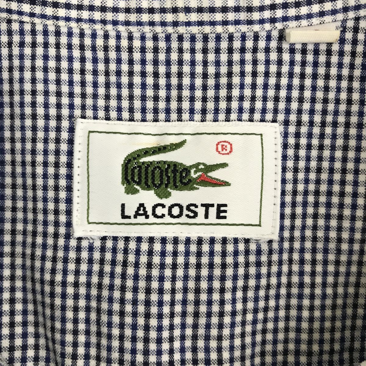 A2149-U-N◆LACOSTE ラコステ ワンピース ノースリーブ ひざ丈 シャツ襟 刺繍ロゴ 格子柄 カジュアル 爽やか◆size40 ブルー系 綿100%_画像8