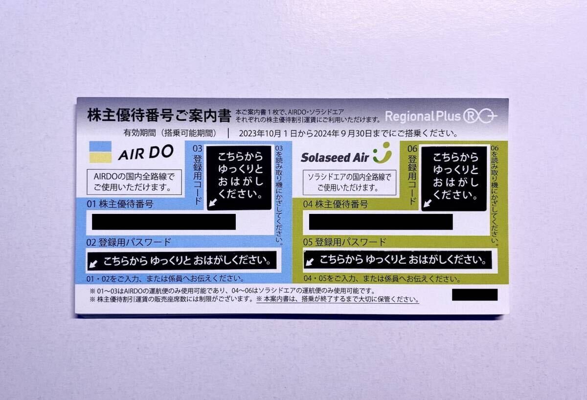 【クレカOK・送料無料・8枚セット】 リージョナルプラス エアドゥ・ソラシドエア 株主優待券 株主優待番号ご案内書 8枚の画像1