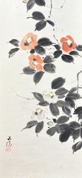 【真作】小林五浪「椿に小禽」掛軸 紙本 花鳥図 鳥獣 日本画 日本美術 共箱 Ｈ040437の画像6