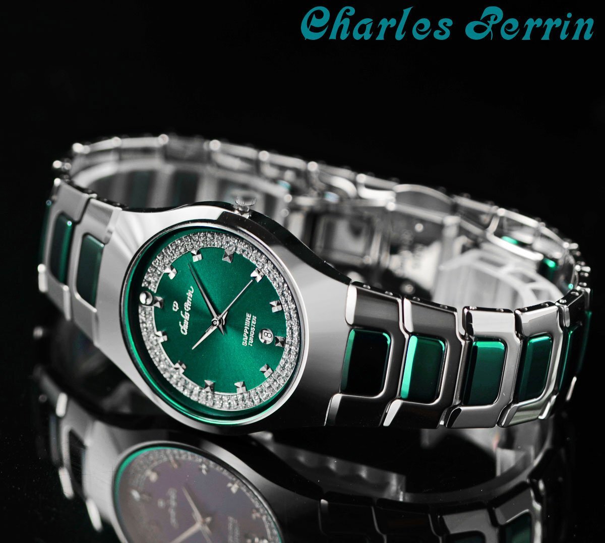  new goods 1 jpy carbide tang stain & ceramic & sapphire glass windshield emerald green wristwatch new goods unused gorgeous . men's watch 