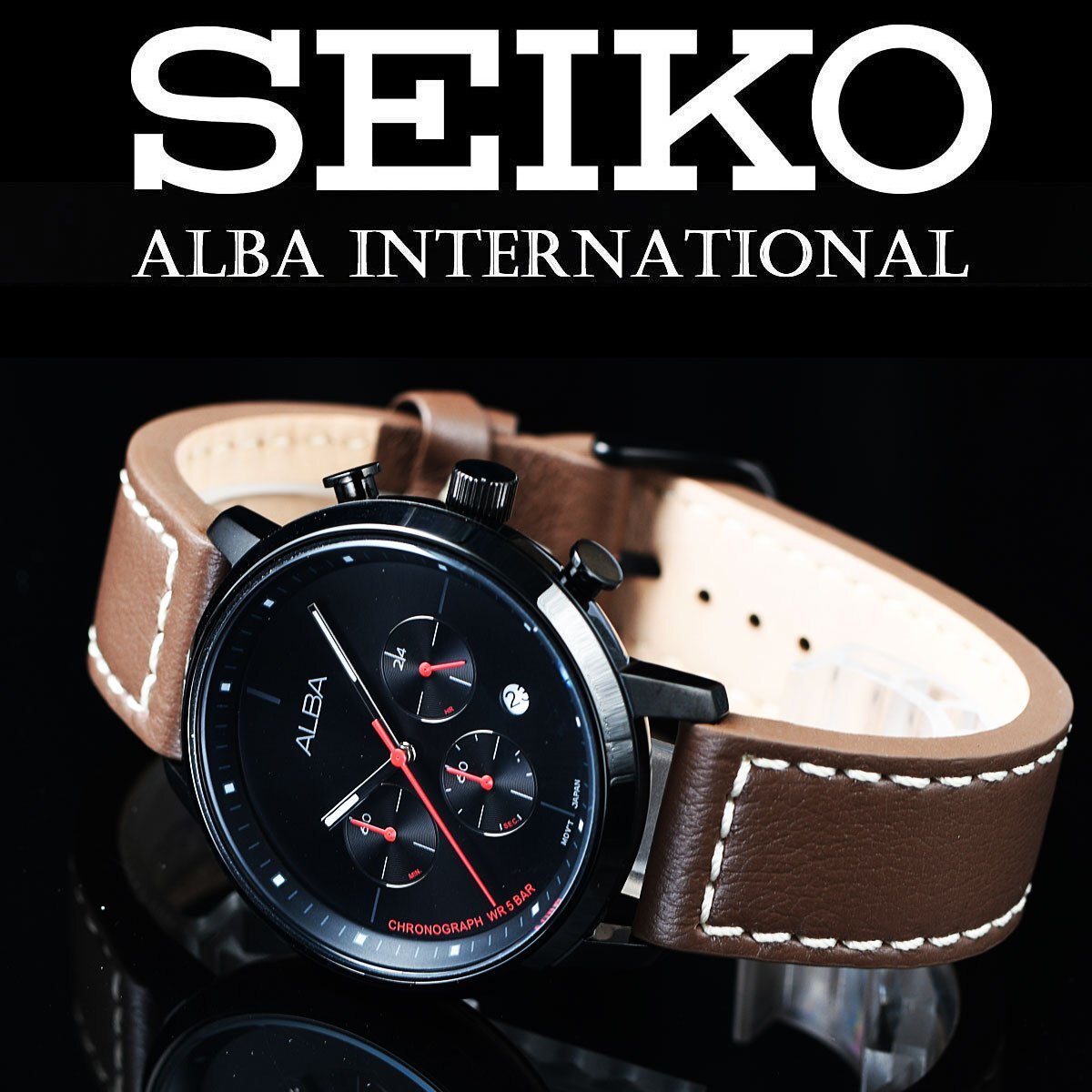 新品1円 セイコーALBA 逆輸入 50m防水 クロノグラフ 本革ベルト ブラック＆ブラウン メンズ 入手困難 アルバ 日本未発売 SEIKO 腕時計の画像2