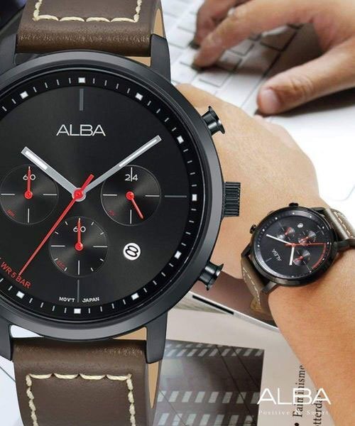 新品1円 セイコーALBA 逆輸入 50m防水 クロノグラフ 本革ベルト ブラック＆ブラウン メンズ 入手困難 アルバ 日本未発売 SEIKO 腕時計の画像8