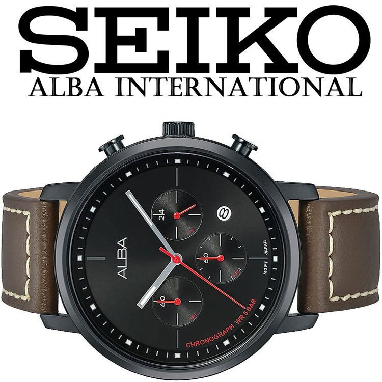 新品1円 セイコーALBA 逆輸入 50m防水 クロノグラフ 本革ベルト ブラック＆ブラウン メンズ 入手困難 アルバ 日本未発売 SEIKO 腕時計の画像1