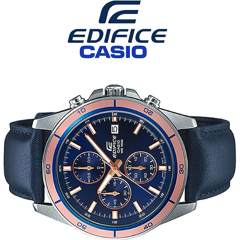 新品1円 カシオ逆輸入EDIFICE欧州エディフィス100m防水 クロノグラフ 本革 ブルー&ゴールド 未使用 CASIO 本物 メンズ 腕時計の画像1