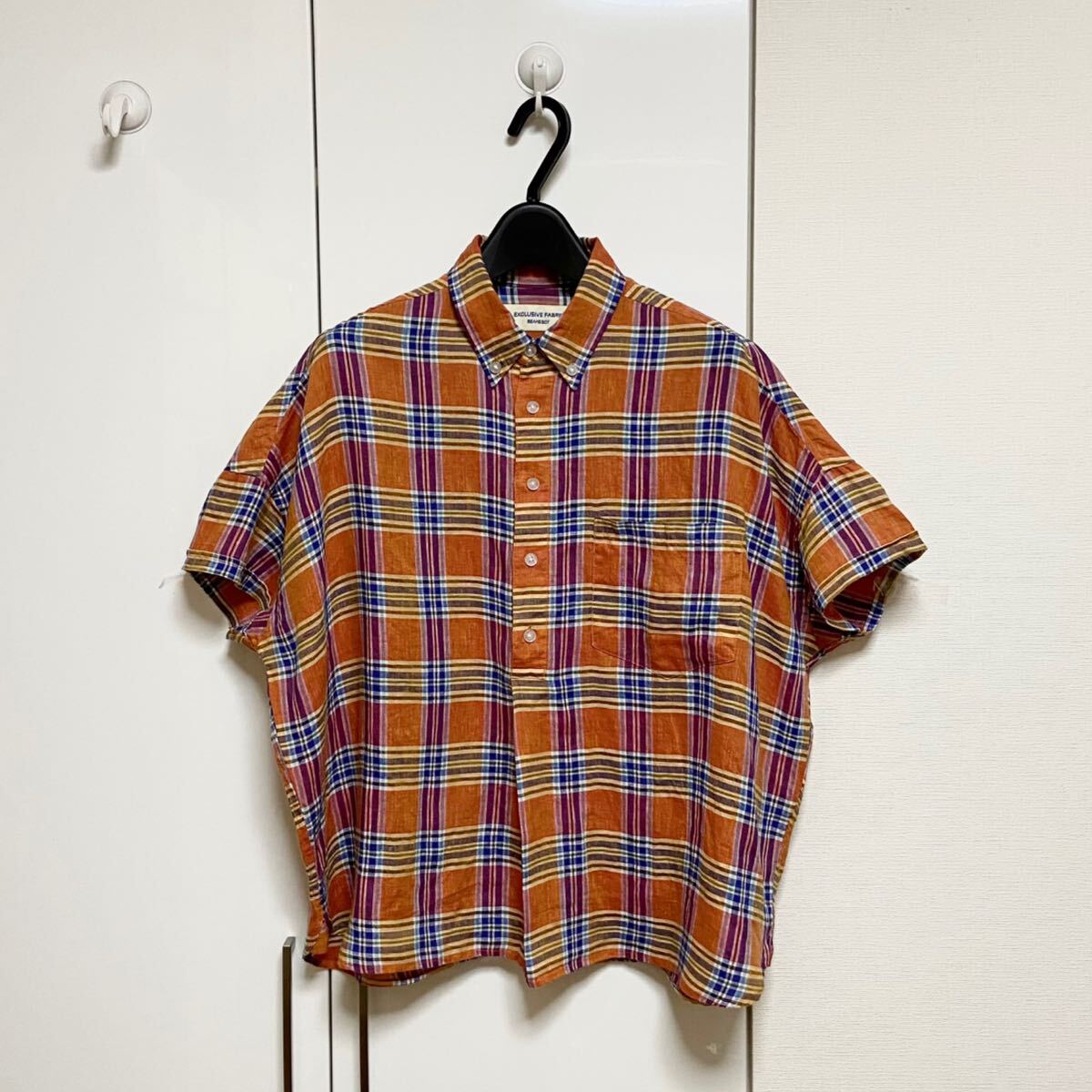 美品 BEAMS BOY リネン チェック ボタンダウン プルオーバー シャツ 定価12980円