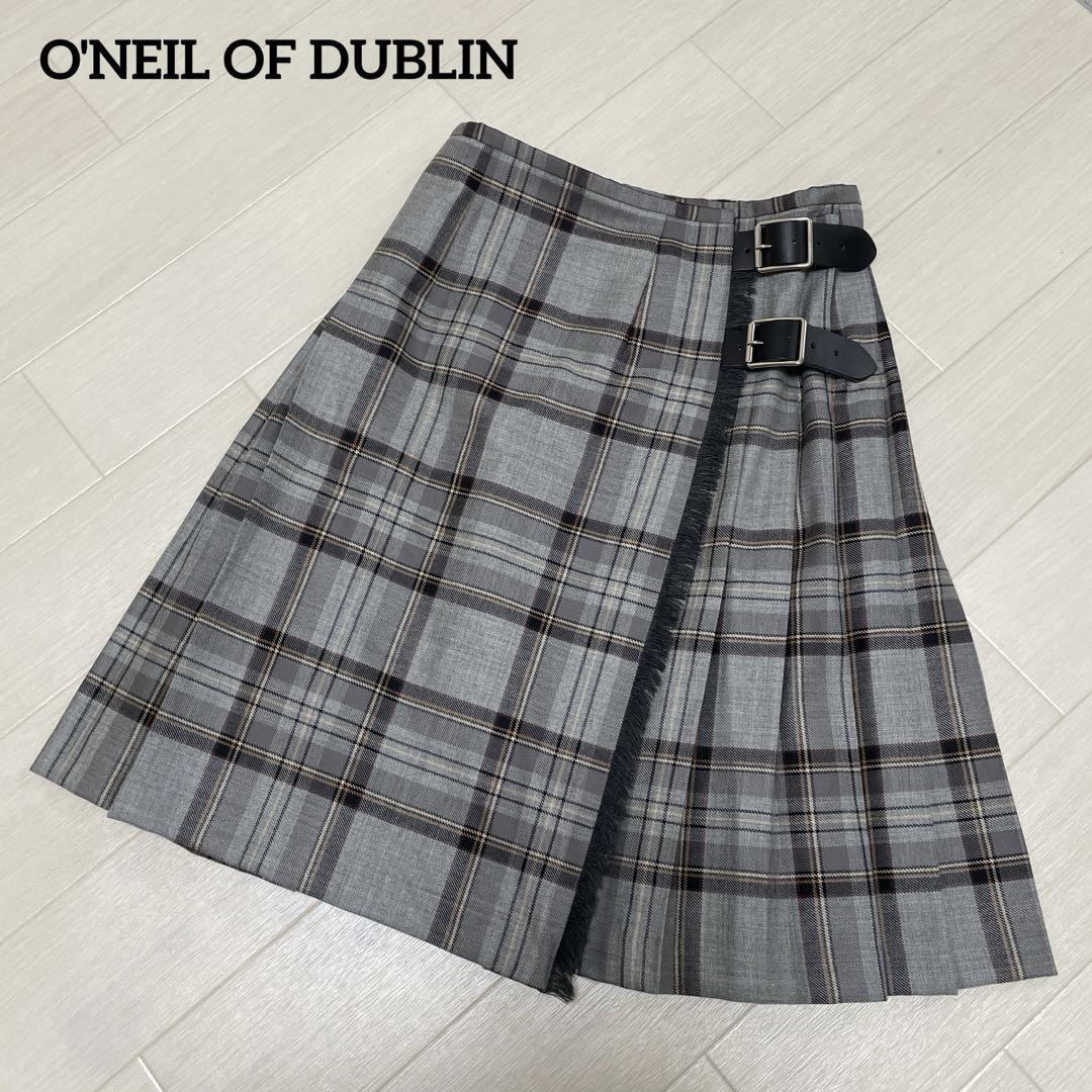 オニールオブダブリン　O'NEIL OF DUBLIN ラップスカート　プリーツ　チェック　ベルト　グレー 巻きスカート　ウール１００％　牛革_画像1
