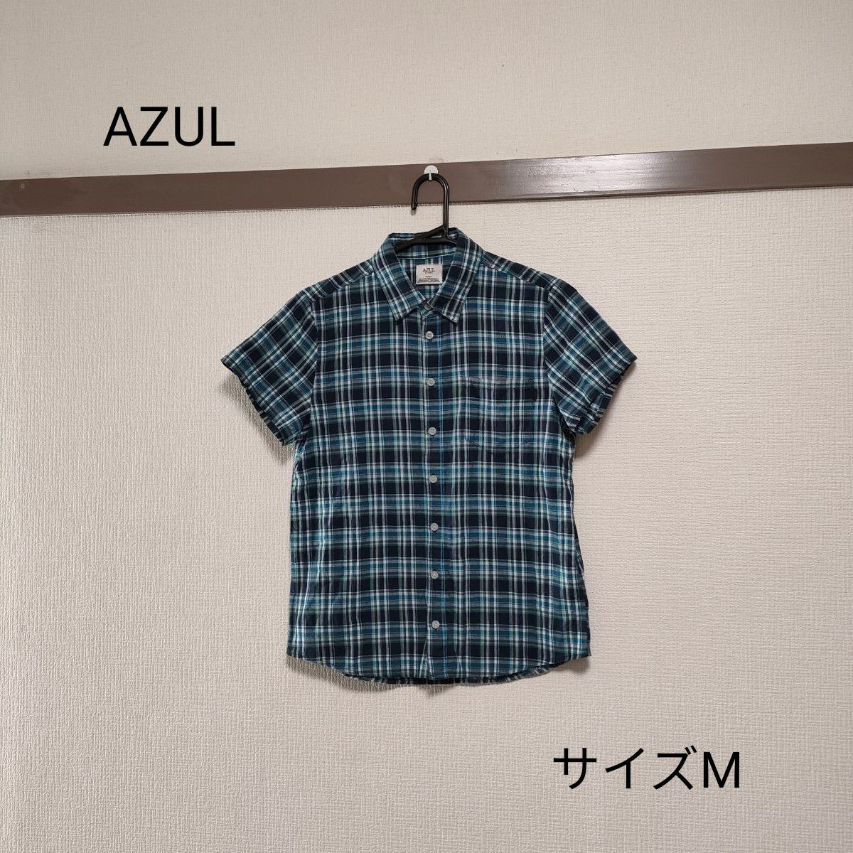 美品　AZUL　チェック半袖シャツ　ブルー系　はおり　サイズM