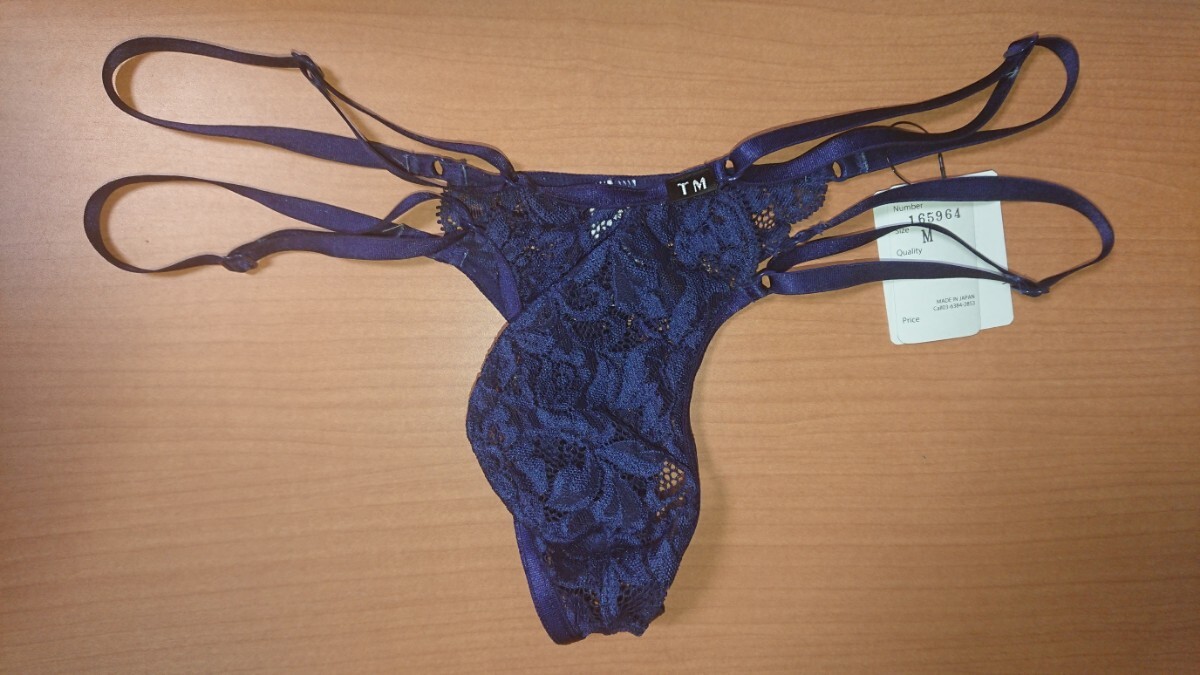 TM COLLECTION レース x ストラップ サイド調整 TB BIKINI フルシーム Tバック ビキニ 光沢 バインダー テープ race ネイビー 紺 Mサイズの画像1