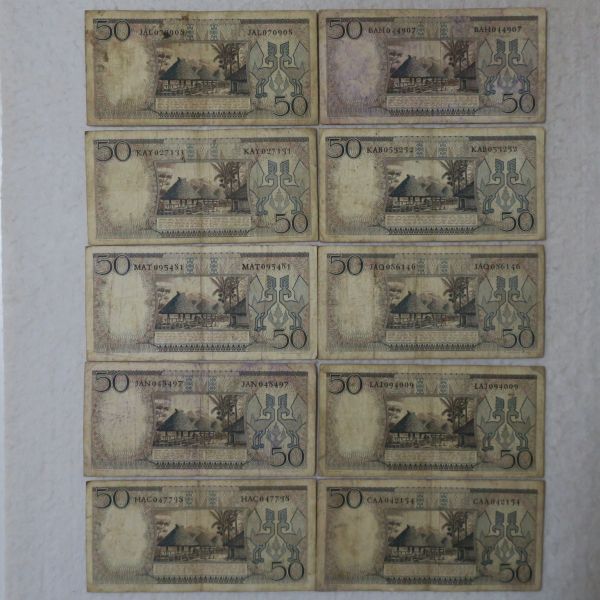  Indonesia 50ru Piaa note 1958 year 10 pieces set . summarize 