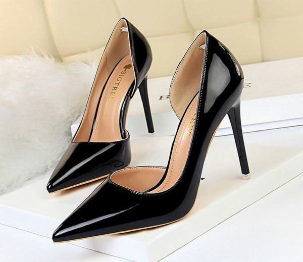  free shipping! pumps lady's large size enamel high heel 26.5cm black pin heel anonymity delivery 
