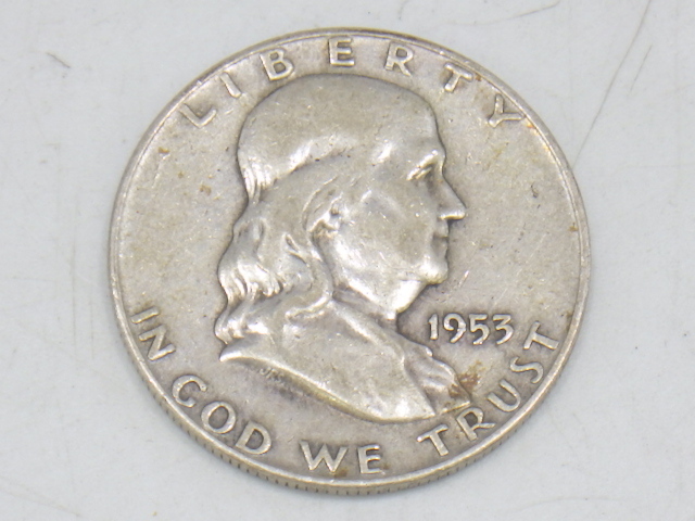 h4D156Z- アメリカ 1953年 1958年 フランクリン 1/2ドル銀貨 50セント ハーフダラー 計2枚の画像2