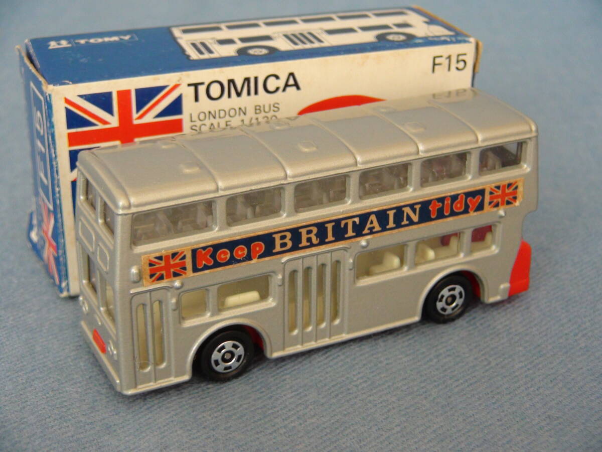 1980年頃古い日本製トミカ限定品F15ダブルデッカーロンドンバス・シルバーKEEP BRITAIN TIDY/美品・青箱付き_画像1