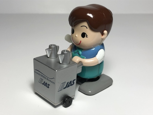 1990年代JAS日本エアシステム・ゼンマイテクテク人形・機内サービス/カートを押すCAさん美品・可動/機内ギブアウェイ/非売品_画像2