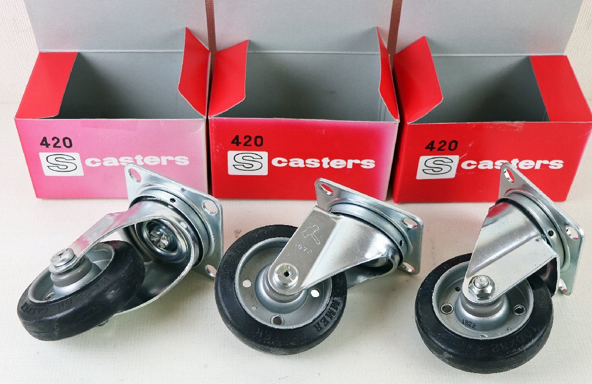 S◇未使用品◇工具 キャスター 3個セット HAMMER Casters 420 S 100×32mm ハンマーキャスター 旋回式ゴム車輪 RUBBERの画像1