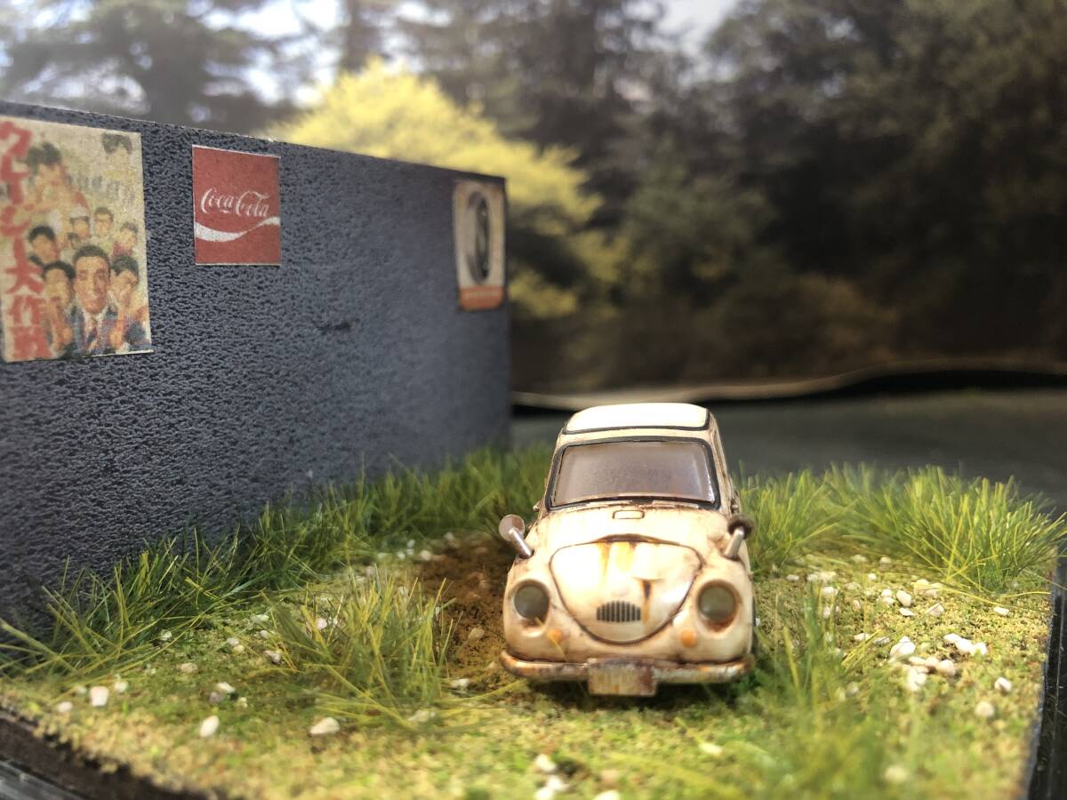 錆塗装 1/64 スバル360 昭和レトロな風景 旧車 自作ジオラマ完成 錆塗装 1/64 スバル360 昭和レトロな風景 旧車 自作ジオラマ完成